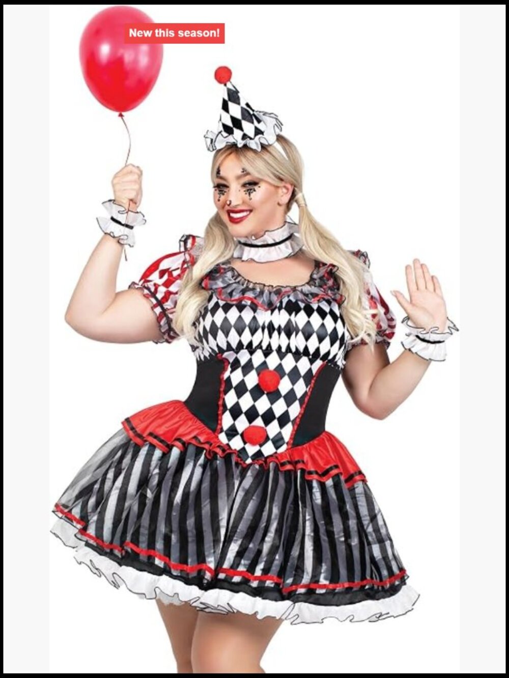 Plus Size Harlequin Clown Halloween Costume Dress with Hat Headband, 3X/4X